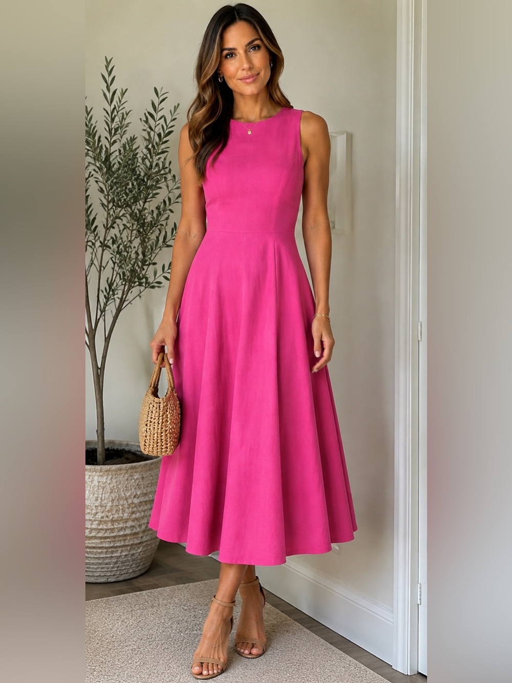 Sleeveless Midi Fit-and-Flare Dress in Hot Pink